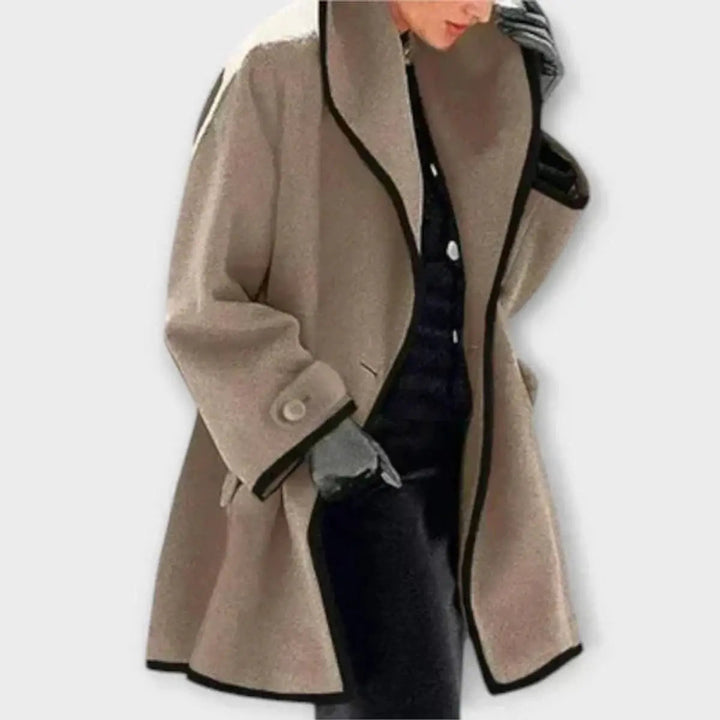 Women Coat Oversized Wool-Blend Swing Coat Black Contrast Trim