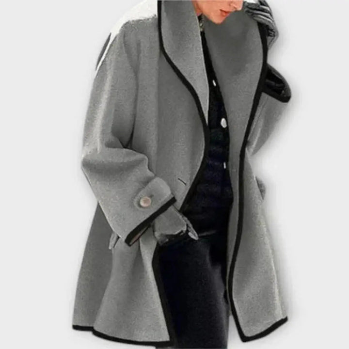 Women Coat Oversized Wool-Blend Swing Coat Black Contrast Trim