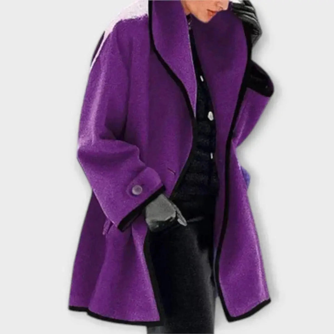 Women Coat Oversized Wool-Blend Swing Coat Black Contrast Trim