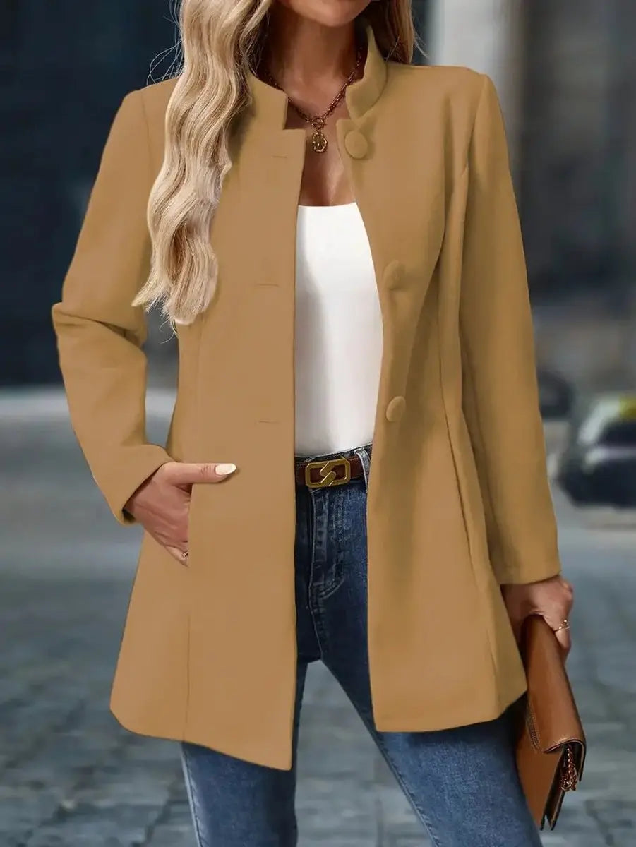 Women Coat Stand Collar Button-Front Longline Blazer Jacket