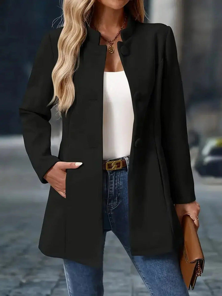 Women Coat Stand Collar Button-Front Longline Blazer Jacket