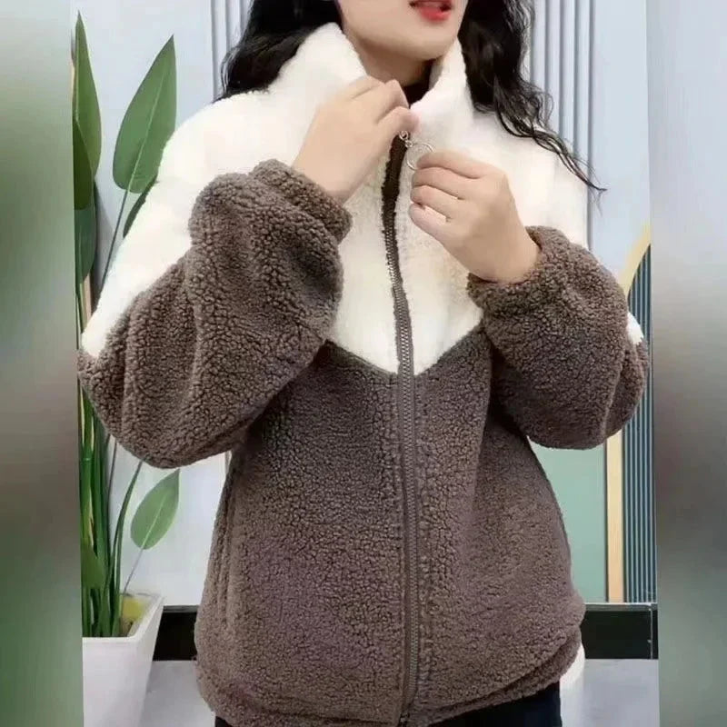 Women's Fleece-Lined Zip-Through Jacket for Autumn and Winter in Coffee