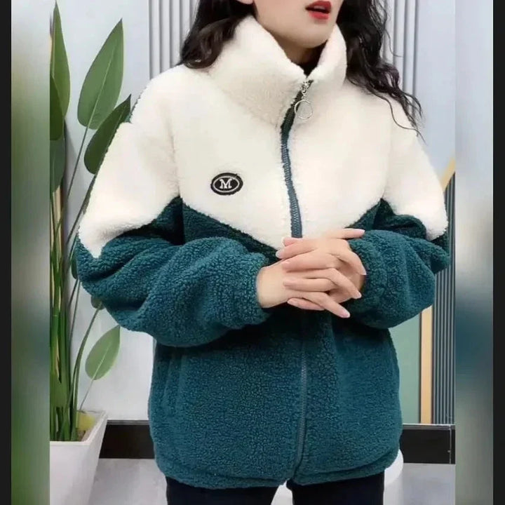 Women's Fleece-Lined Zip-Through Jacket for Autumn and Winter in Green