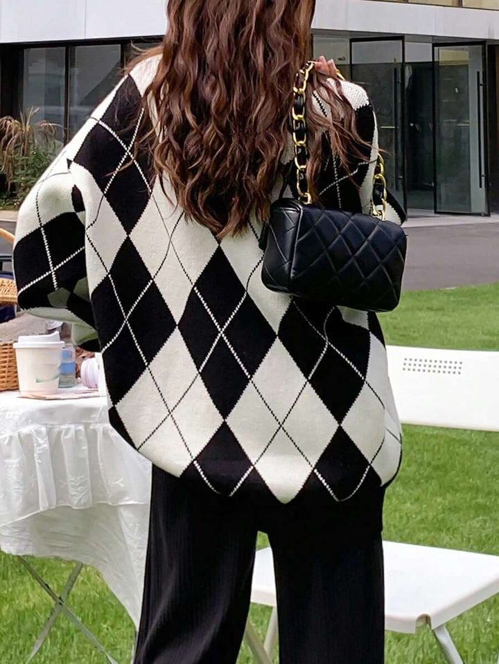 Women's Argyle Crew Neck Drop Shoulder Jumper