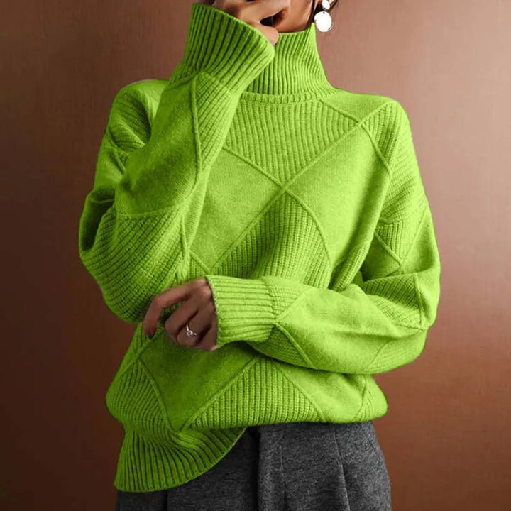 Women's Argyle Knit Turtleneck Sweater Relaxed Fit Jumper