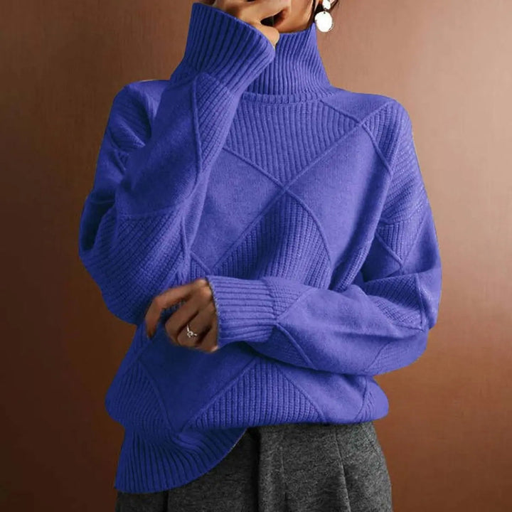 Women's Argyle Knit Turtleneck Sweater Relaxed Fit Jumper