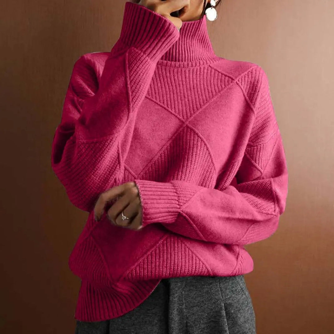 Women's Argyle Knit Turtleneck Sweater Relaxed Fit Jumper