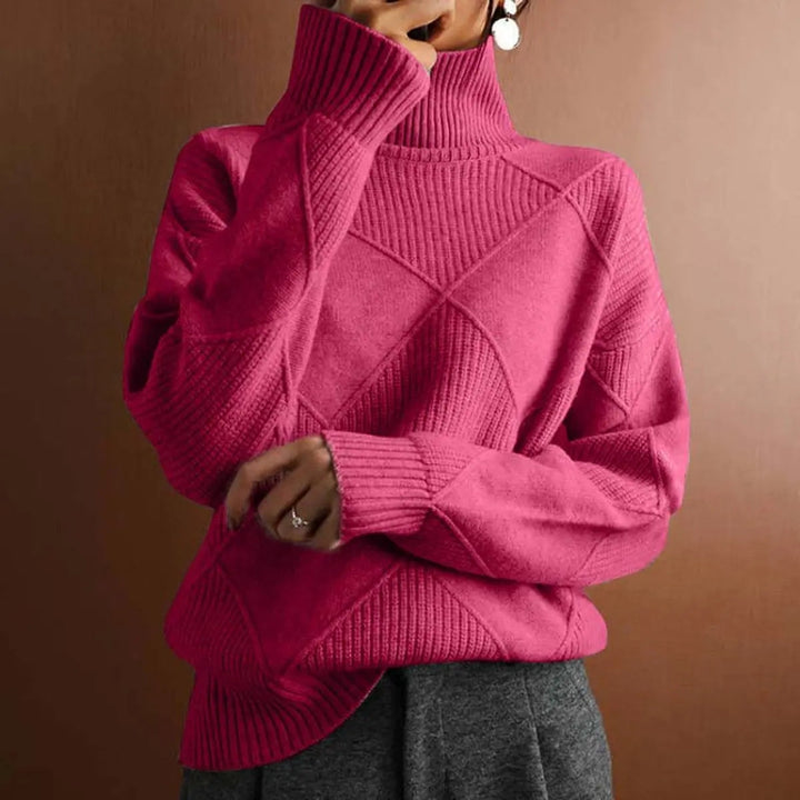 Women's Argyle Knit Turtleneck Sweater Relaxed Fit Jumper