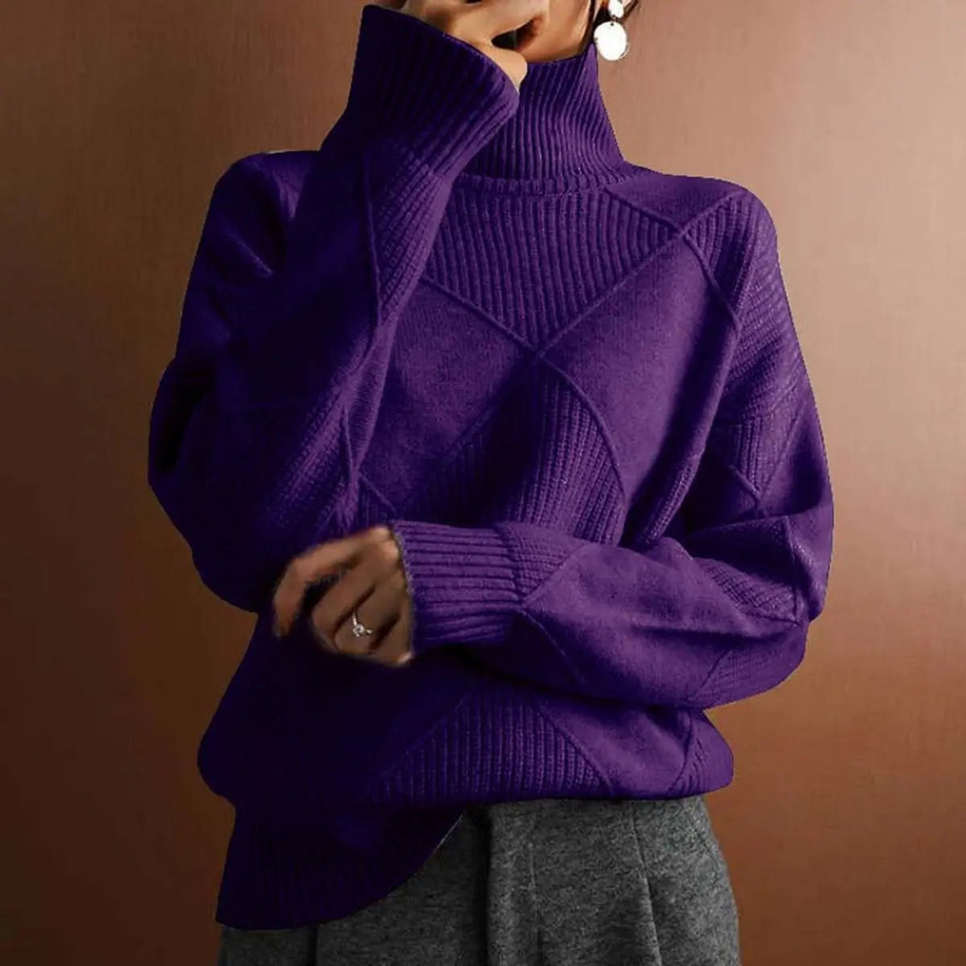 Women's Argyle Knit Turtleneck Sweater Relaxed Fit Jumper