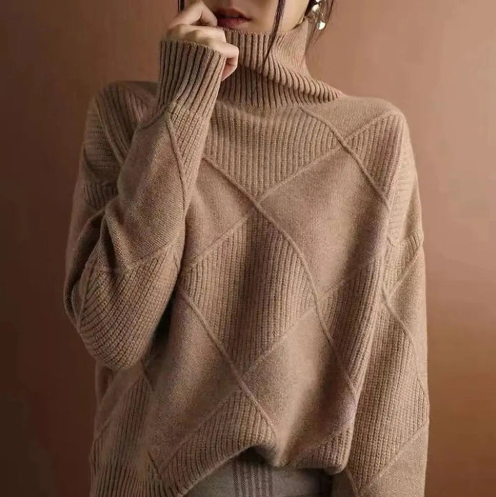 Women's Argyle Knit Turtleneck Sweater Relaxed Fit Jumper