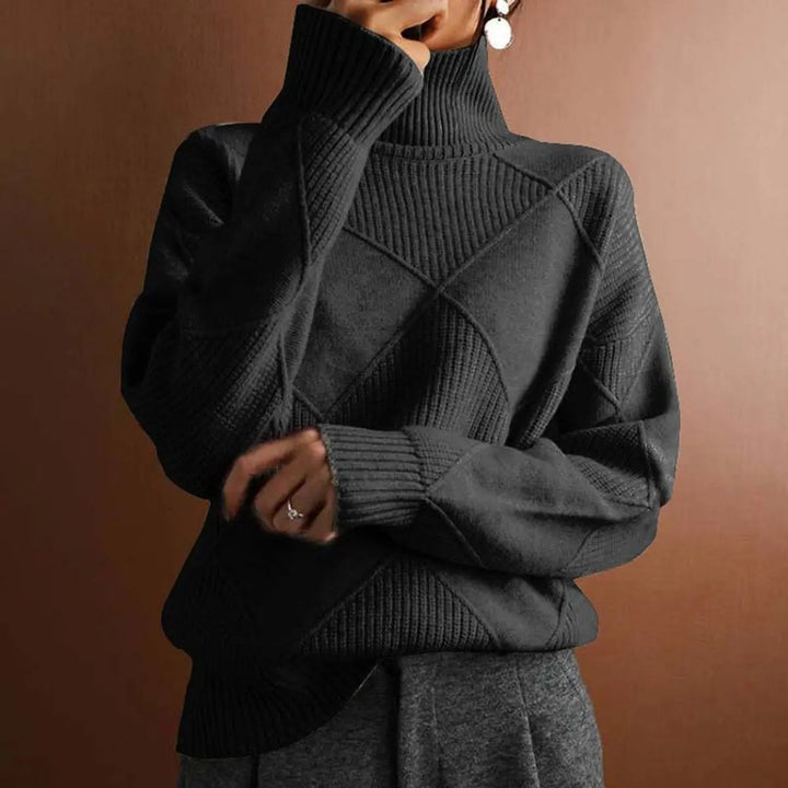 Women's Argyle Knit Turtleneck Sweater Relaxed Fit Jumper
