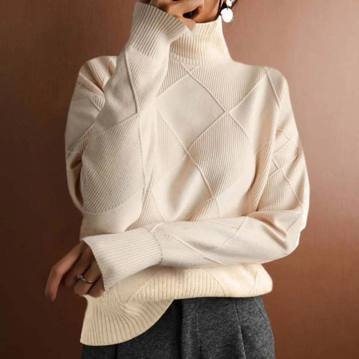 Women's Argyle Knit Turtleneck Sweater Relaxed Fit Jumper