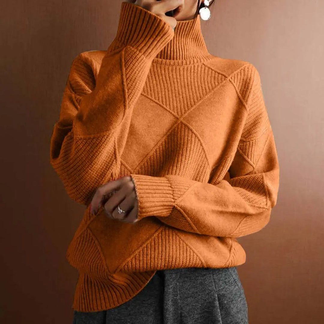 Women's Argyle Knit Turtleneck Sweater Relaxed Fit Jumper