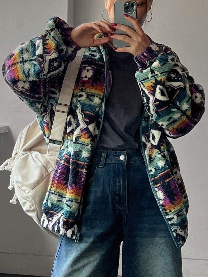 Women's Aztec Print Oversized Teddy Zip-Up Jacket