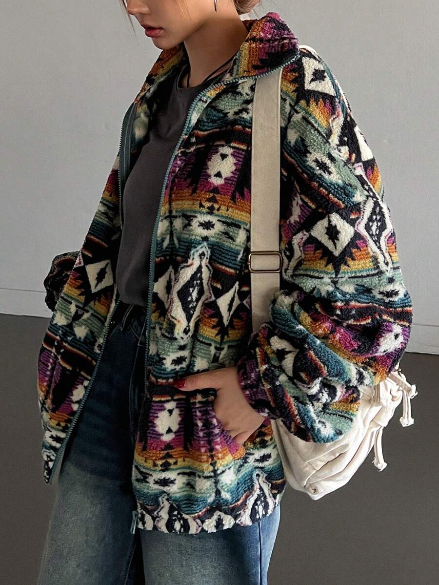 Women's Aztec Print Oversized Teddy Zip-Up Jacket