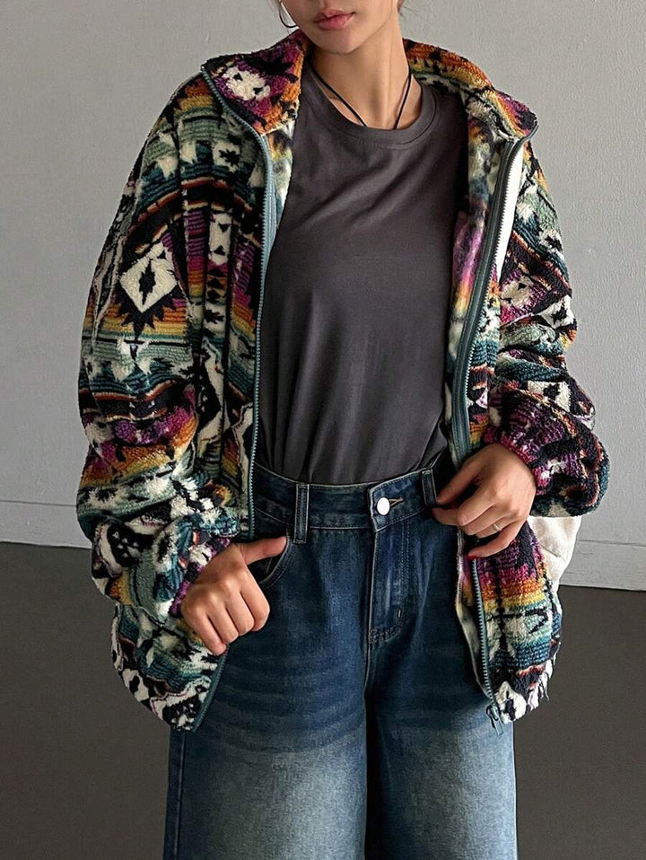 Women's Aztec Print Oversized Teddy Zip-Up Jacket