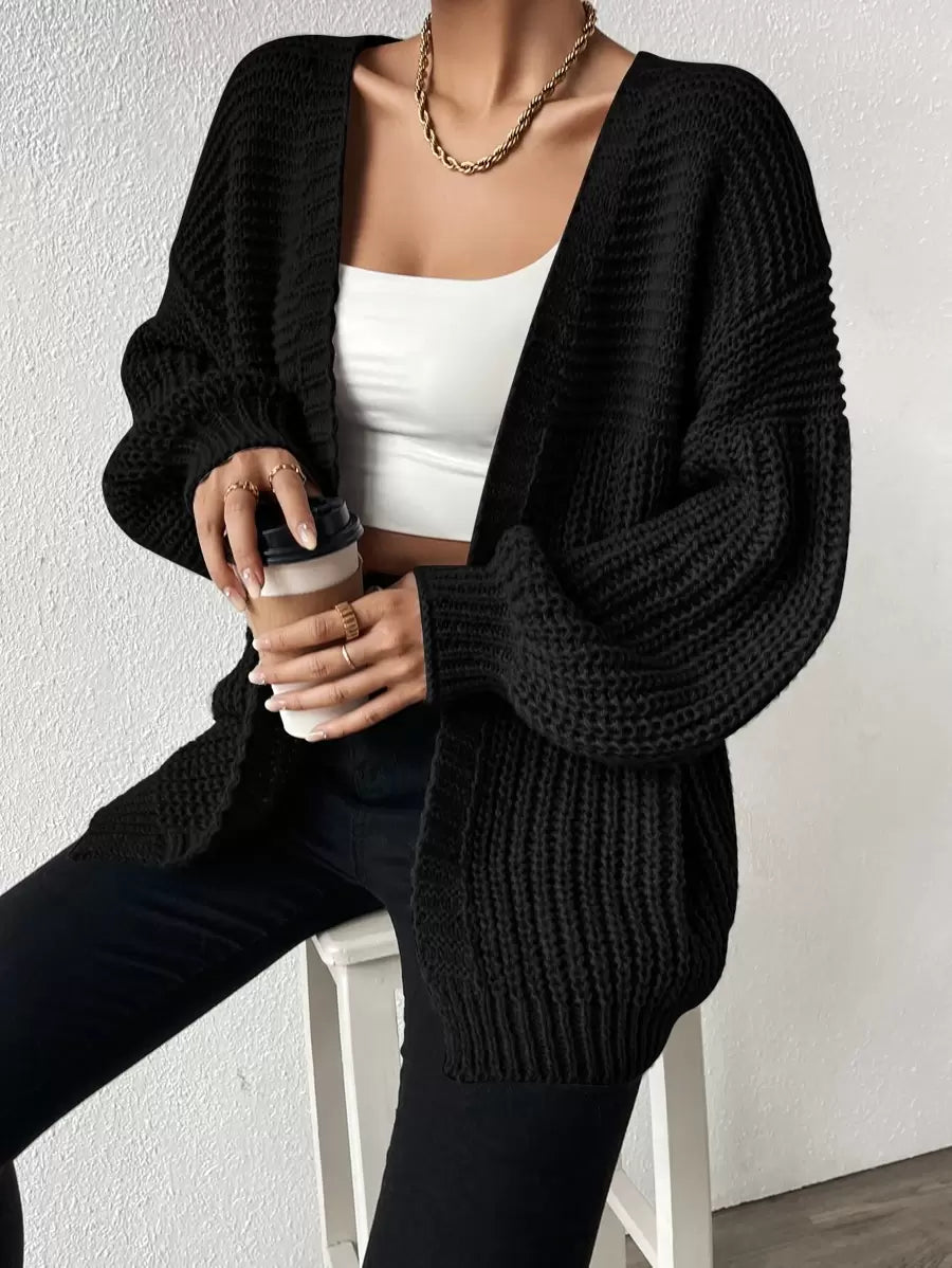 Women's Balloon Sleeve Chunky Rib Open Front Cardigan