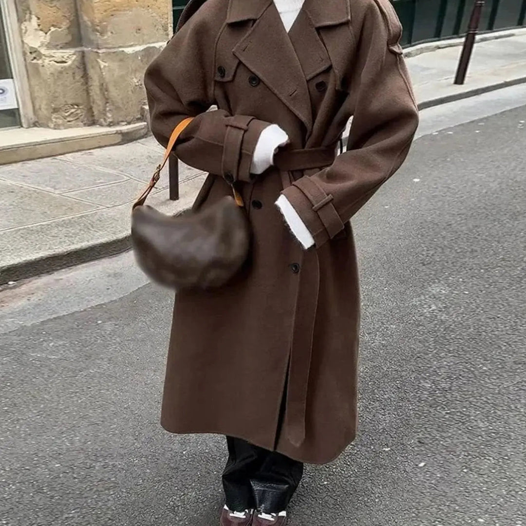 Women's Belted Button-Front Mid-Length Wool Midi Coat