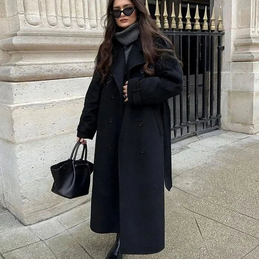 Women's Belted Button-Front Mid-Length Wool Midi Coat