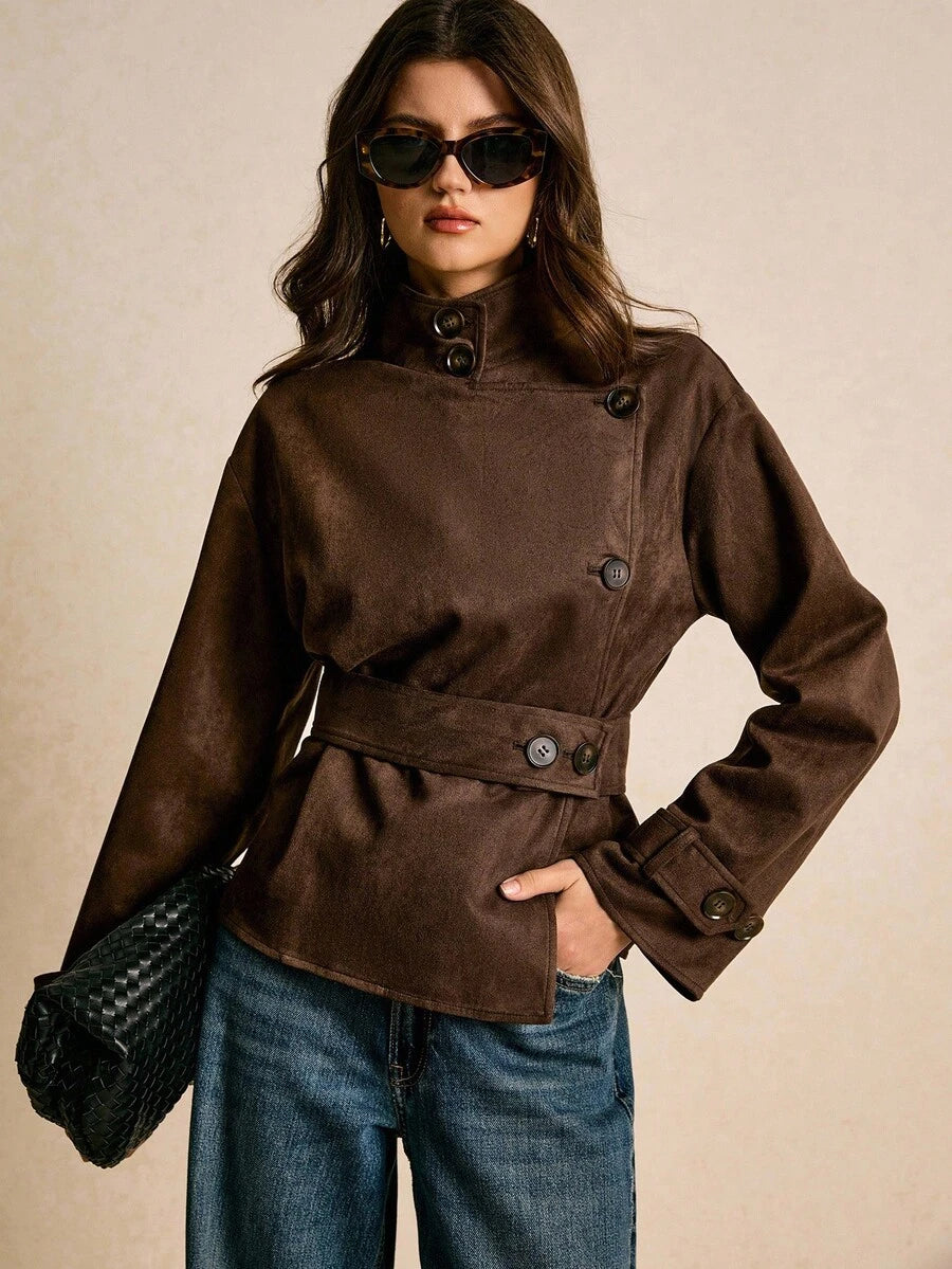 Women's Belted Peplum Jacket with Asymmetric Placket