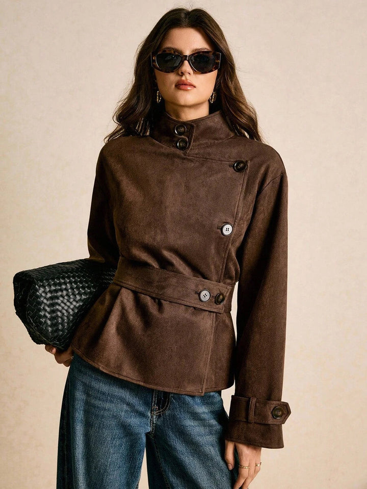 Women's Belted Peplum Jacket with Asymmetric Placket