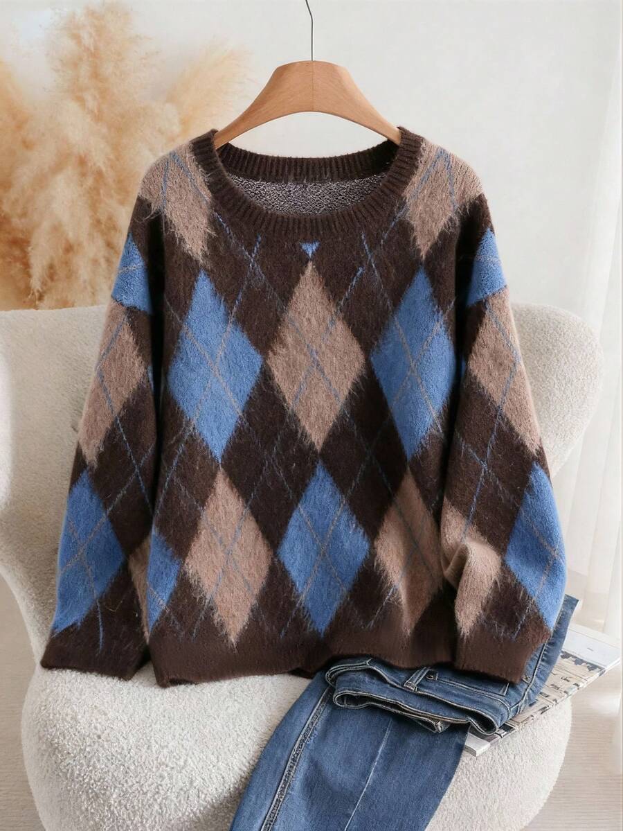 Women's Brushed Argyle Knit Jumper with Contrast Trim