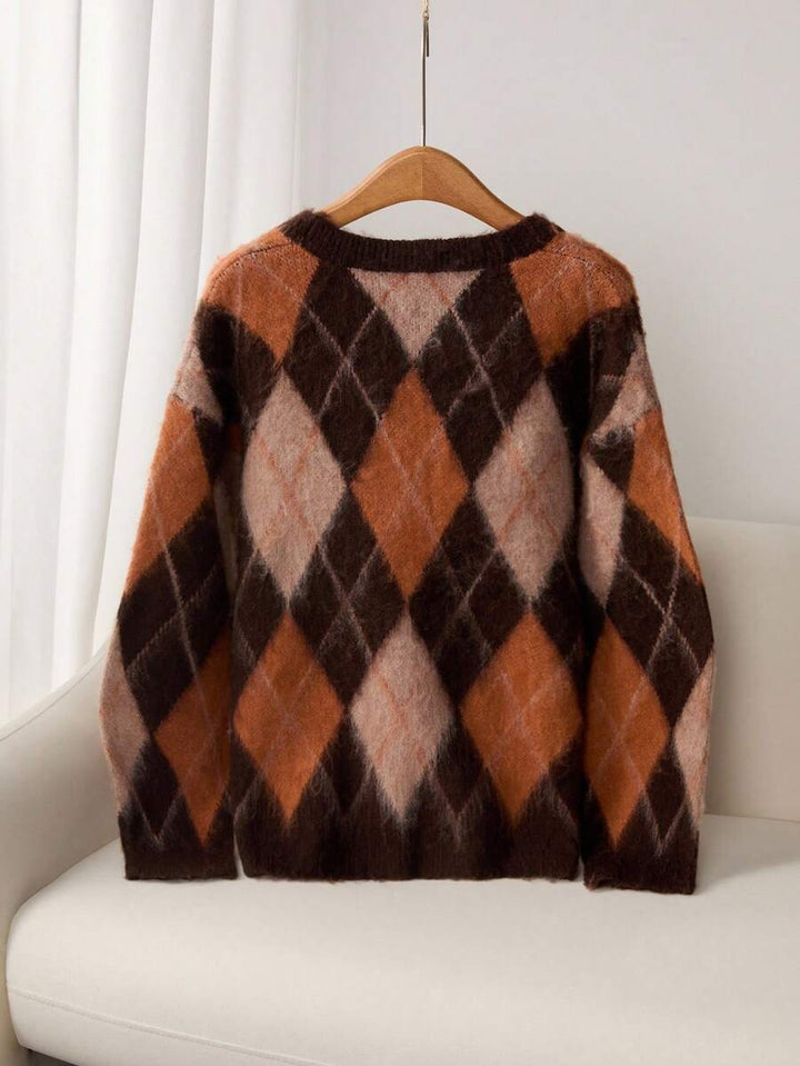 Women's Brushed Argyle Knit Jumper with Contrast Trim