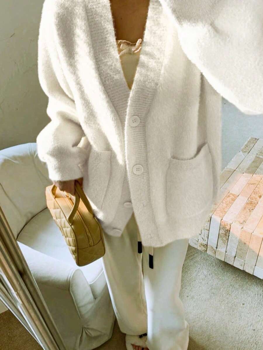 Women's Brushed V Neck Cardigan with Patch Pockets