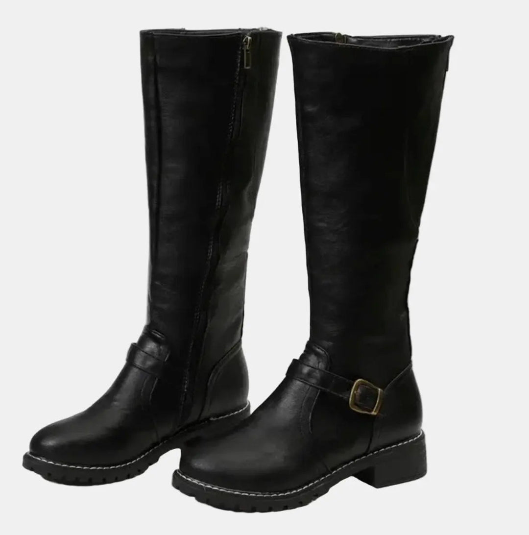 Women's Buckle-Strap Riding Knee High Boots Low Heel