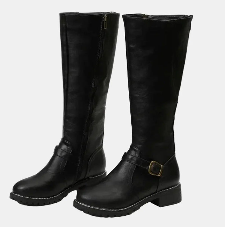 Women's Buckle-Strap Riding Knee High Boots Low Heel
