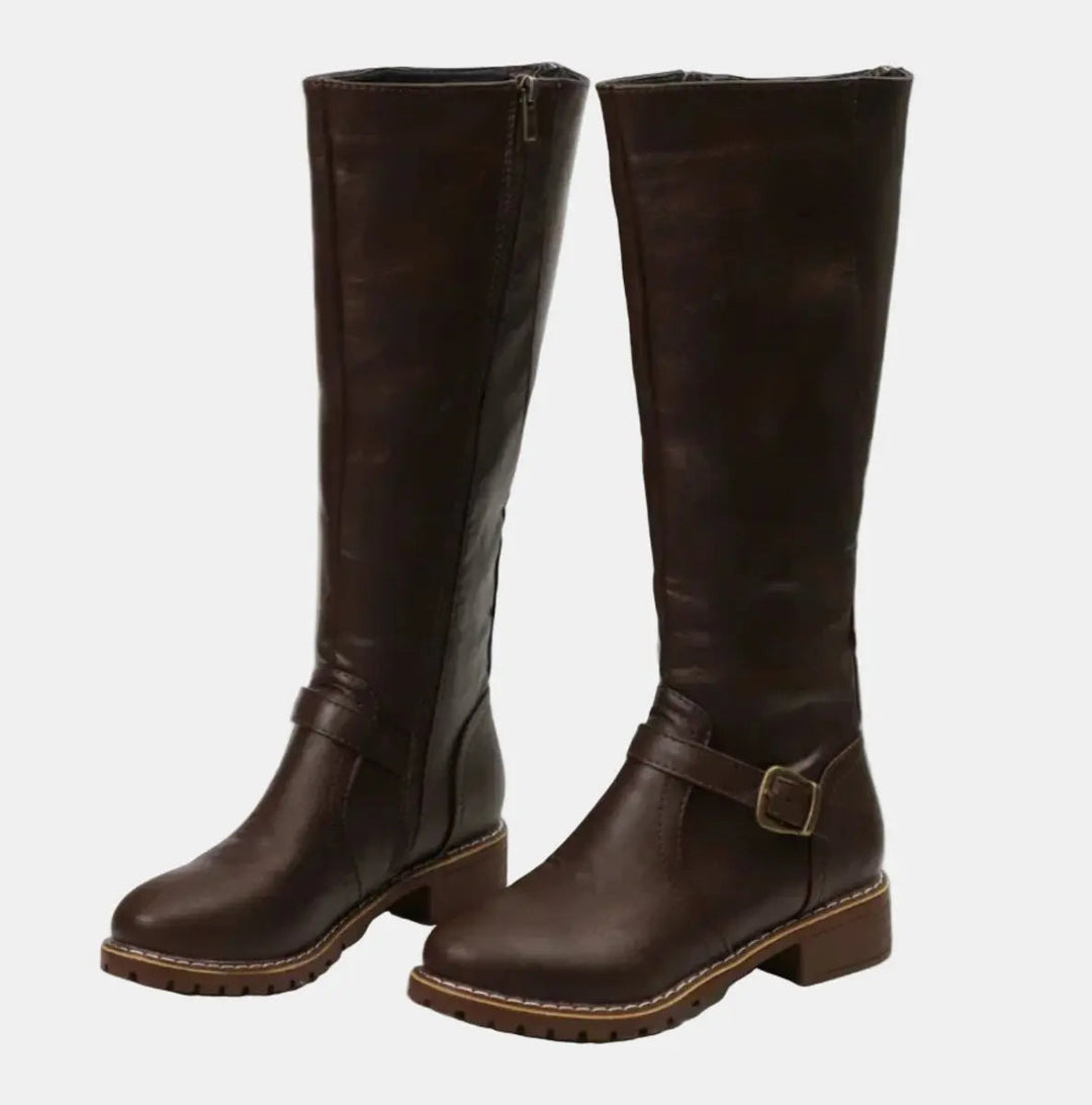 Women's Buckle-Strap Riding Knee High Boots Low Heel