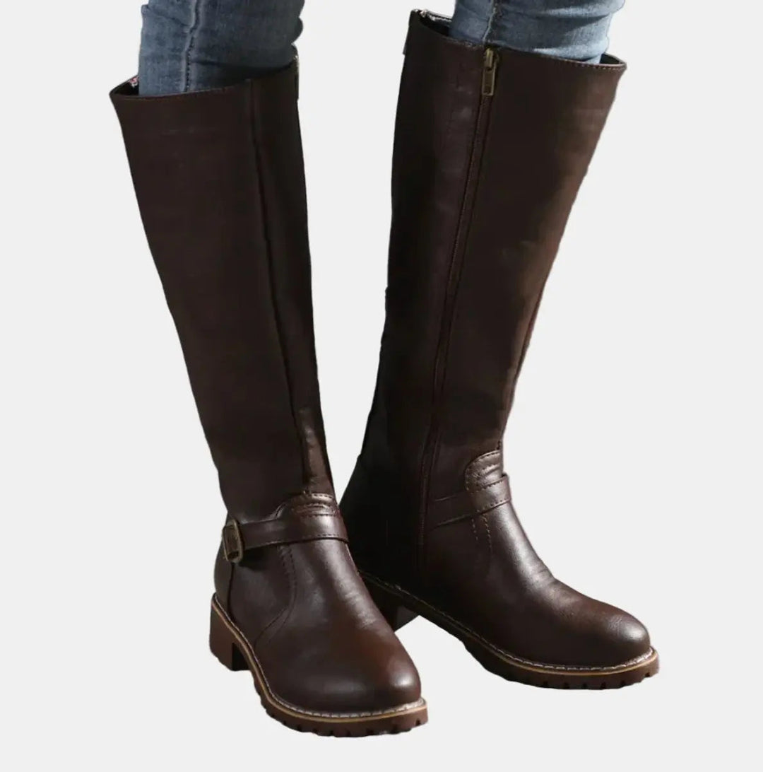 Women's Buckle-Strap Riding Knee High Boots Low Heel