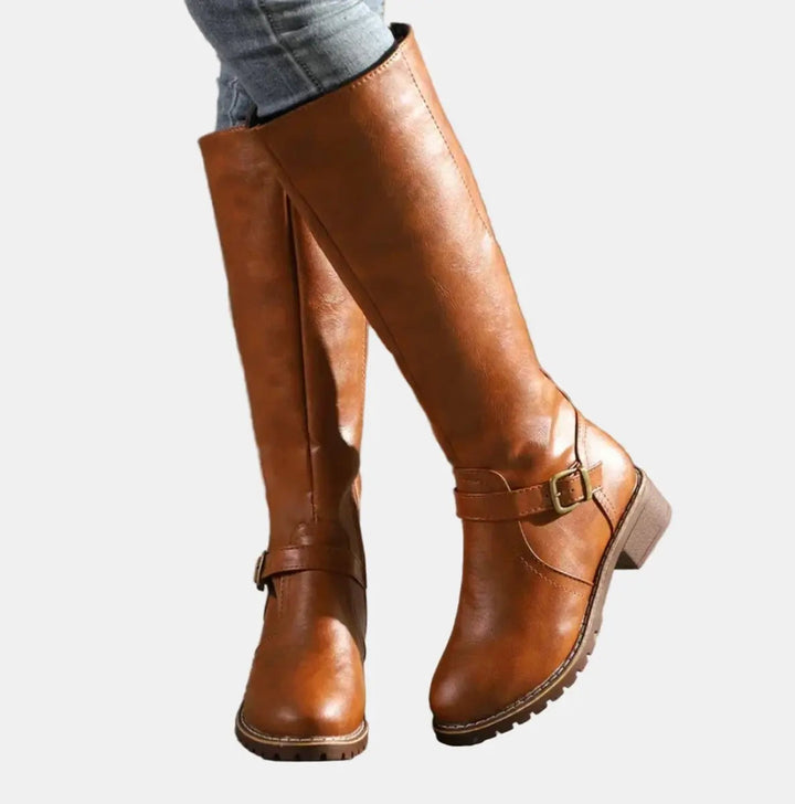 Women's Buckle-Strap Riding Knee High Boots Low Heel
