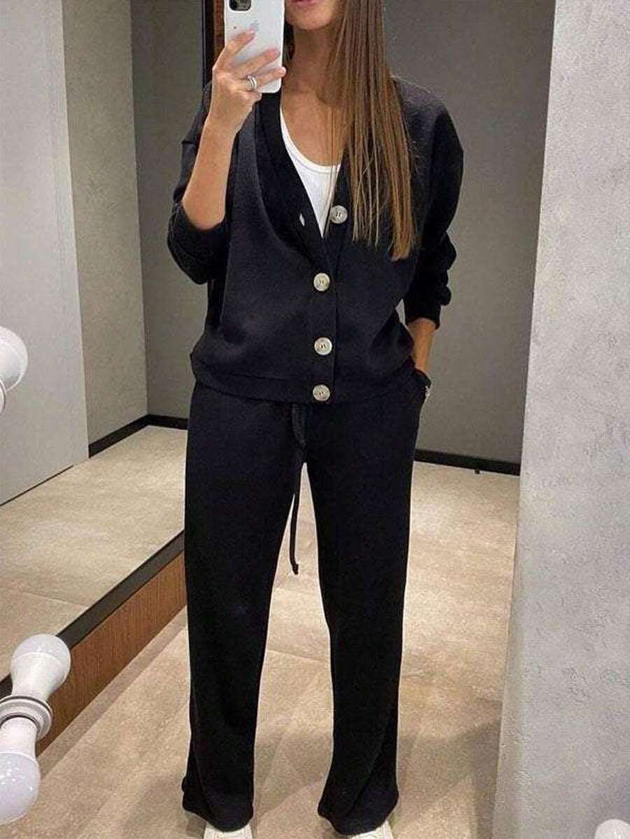 Women's Button Front Cardigan and Wide Leg Trouser Set