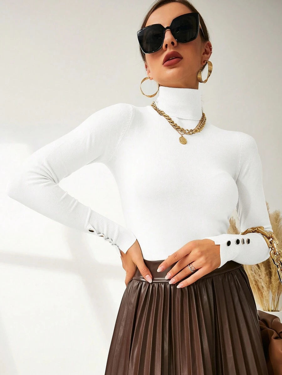 Women's Buttoned Cuff Turtleneck Jumper