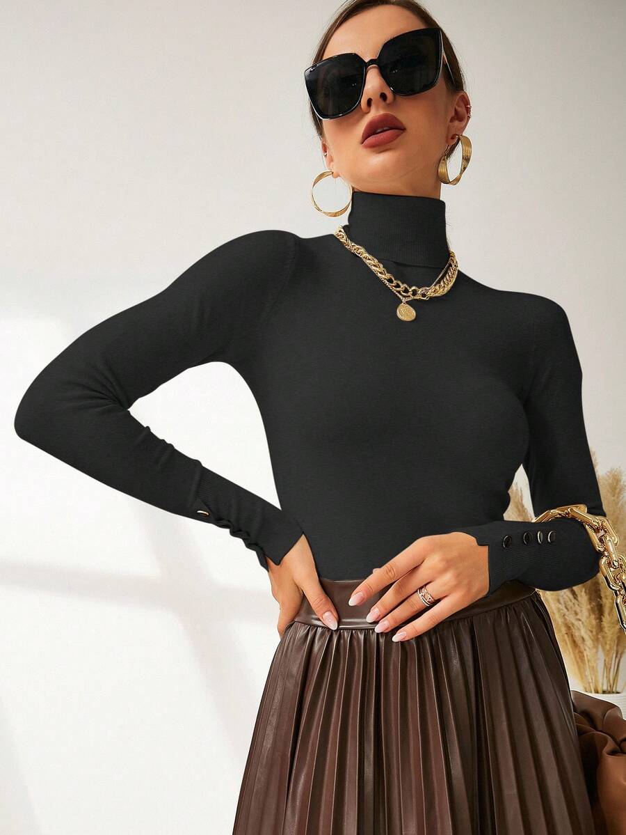 Women's Buttoned Cuff Turtleneck Jumper