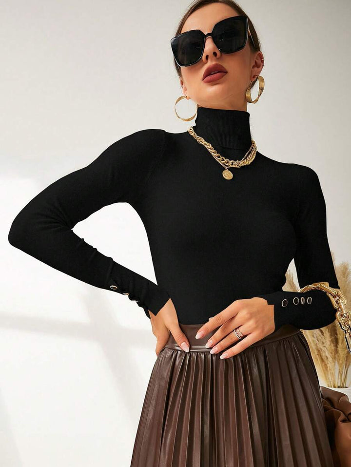 Women's Buttoned Cuff Turtleneck Jumper