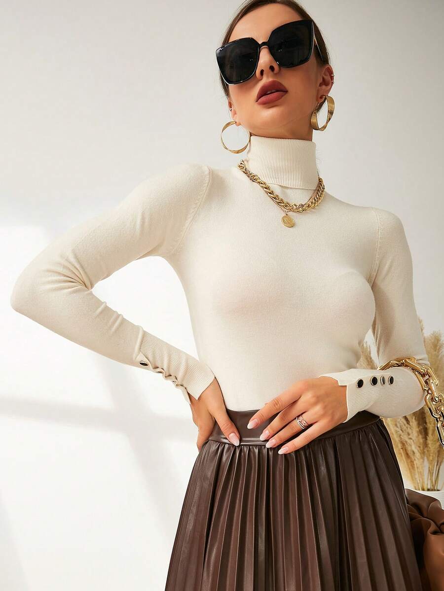 Women's Buttoned Cuff Turtleneck Jumper