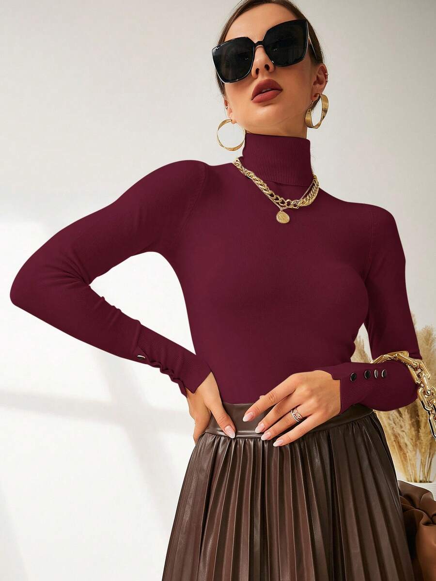 Women's Buttoned Cuff Turtleneck Jumper