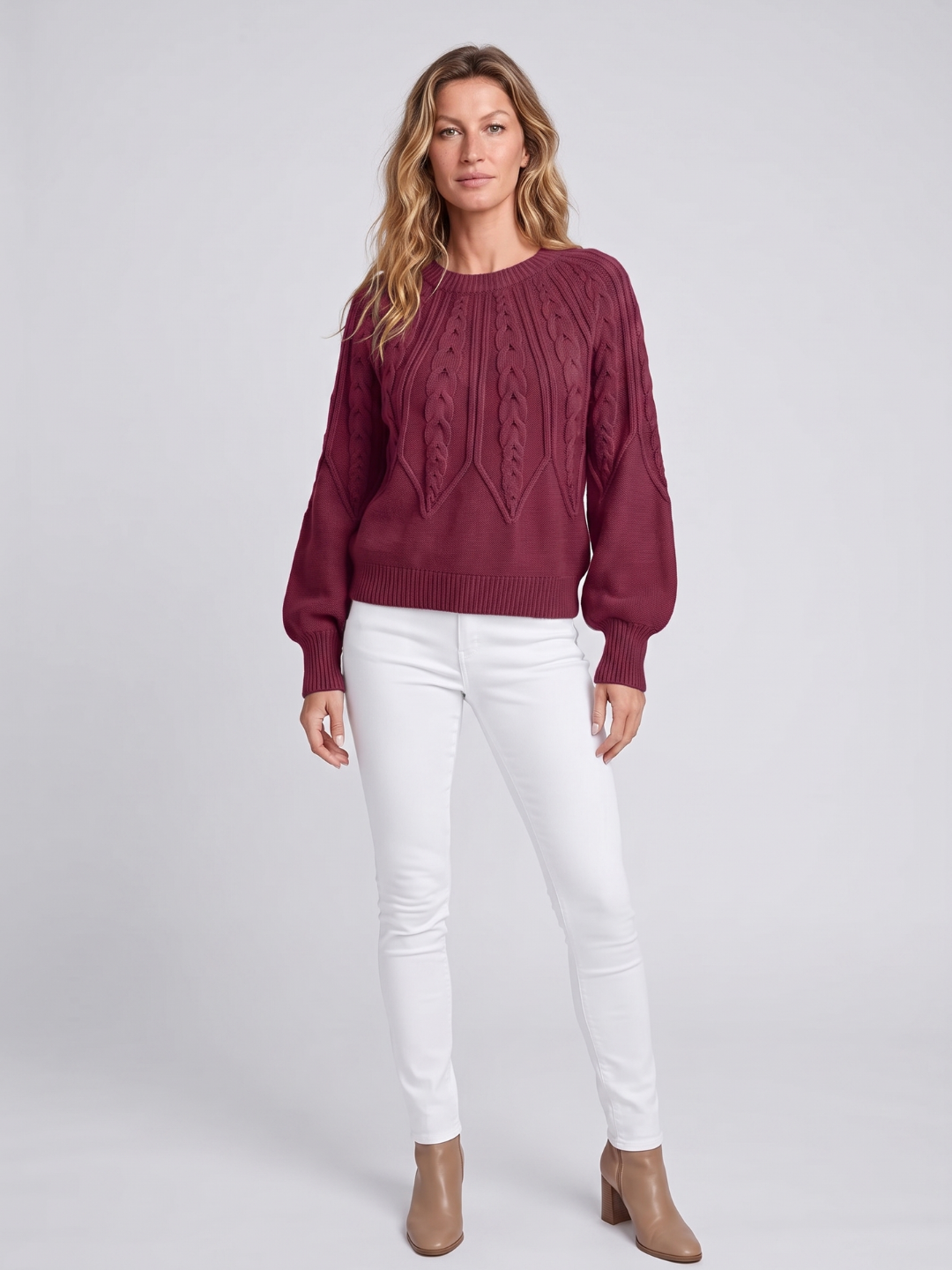 Women's Cable Knit Balloon Sleeve Sweater