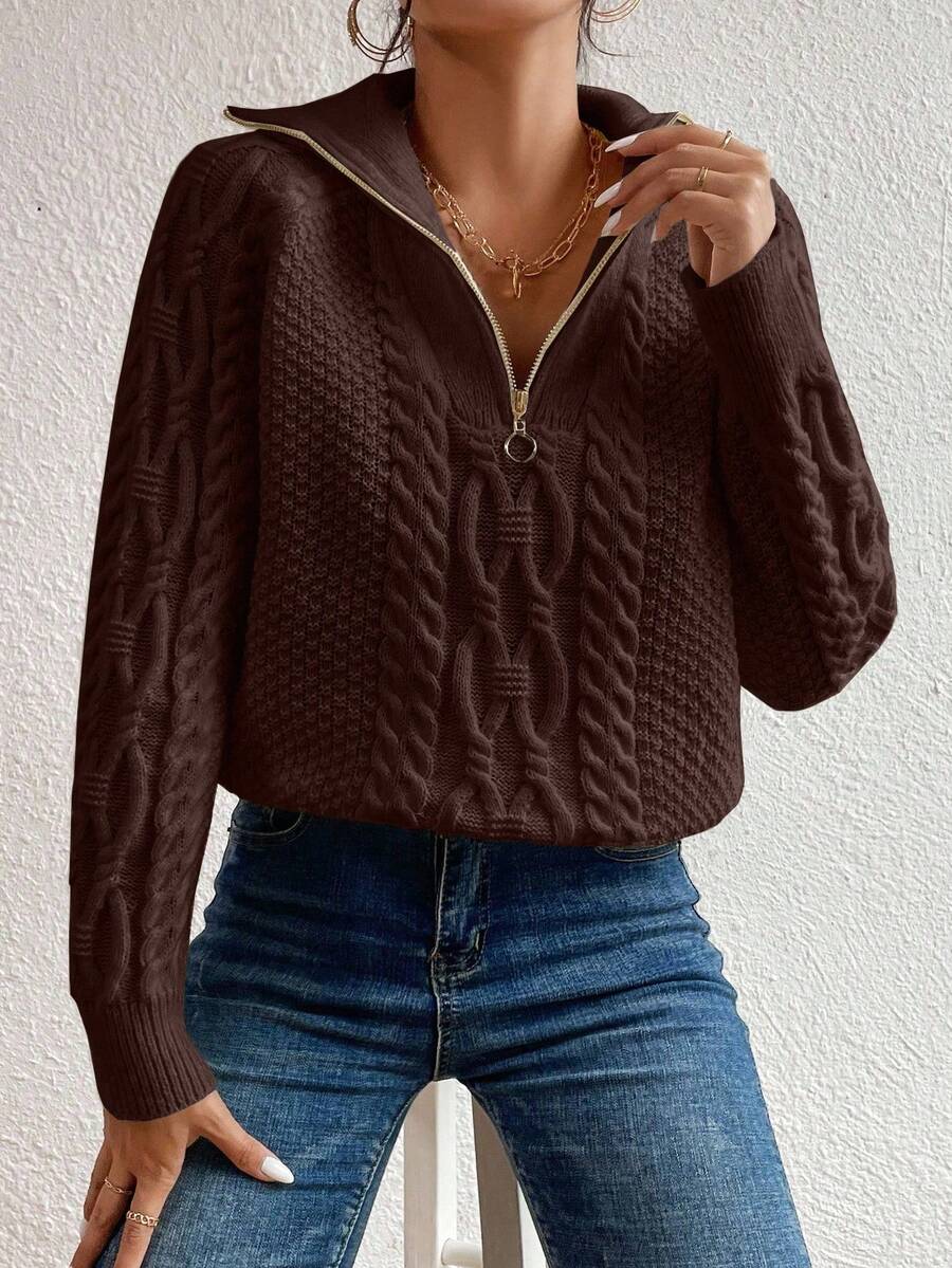 Women's Cable Knit Fold-Over Collar Half Zip Jumper