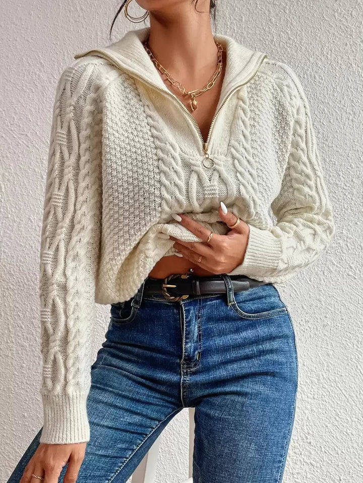 Women's Cable Knit Fold-Over Collar Half Zip Jumper