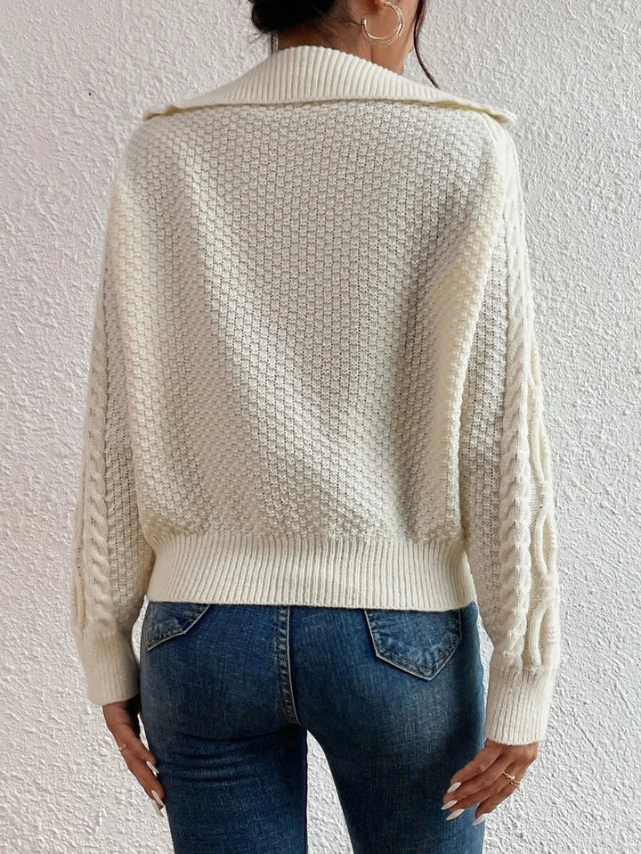 Women's Cable Knit Fold-Over Collar Half Zip Jumper