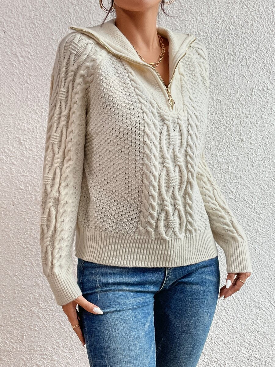 Women's Cable Knit Fold-Over Collar Half Zip Jumper
