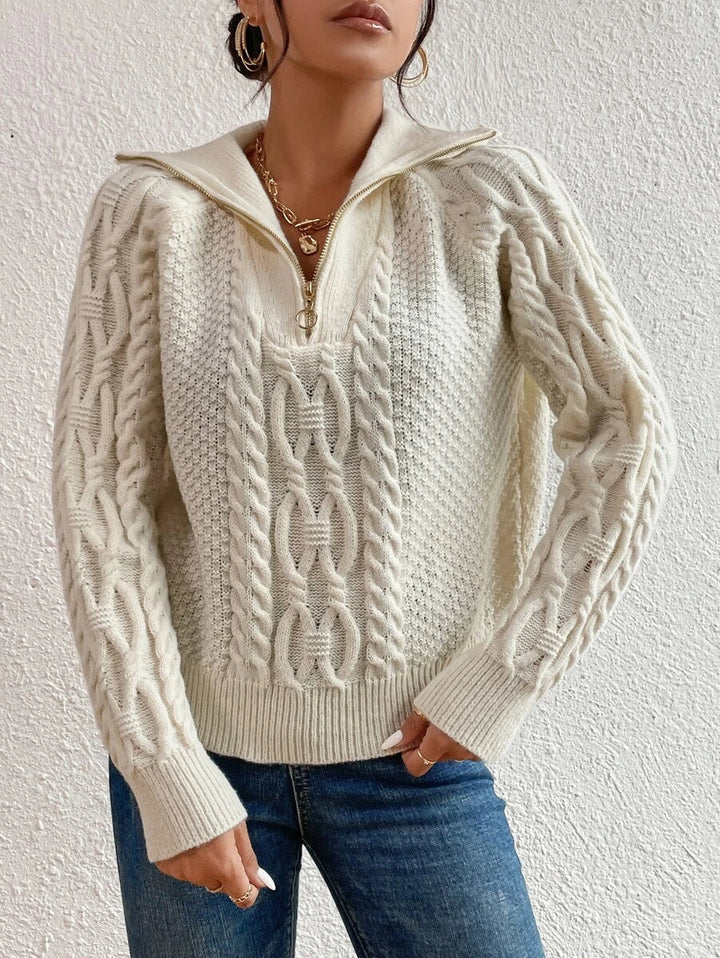 Women's Cable Knit Fold-Over Collar Half Zip Jumper