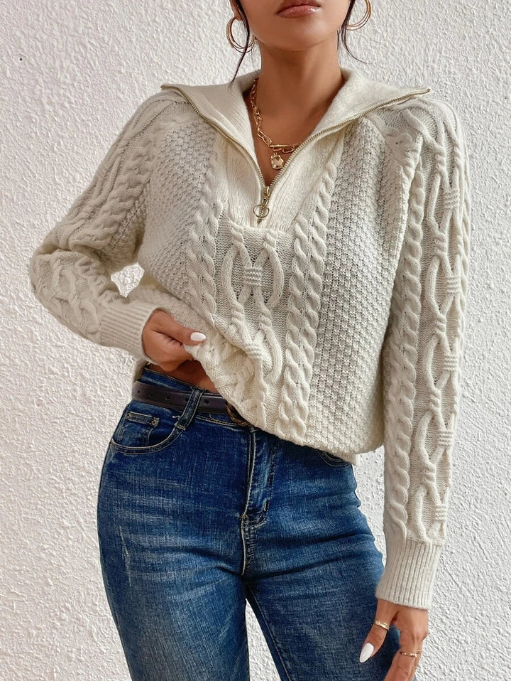 Women's Cable Knit Fold-Over Collar Half Zip Jumper