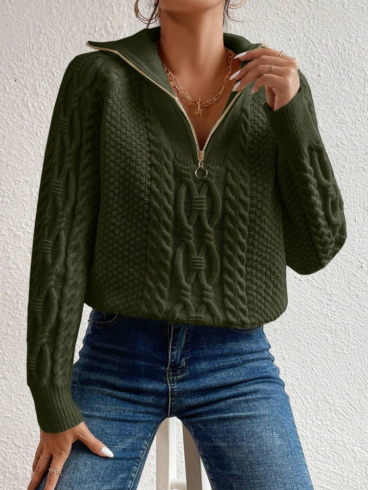 Women's Cable Knit Fold-Over Collar Half Zip Jumper