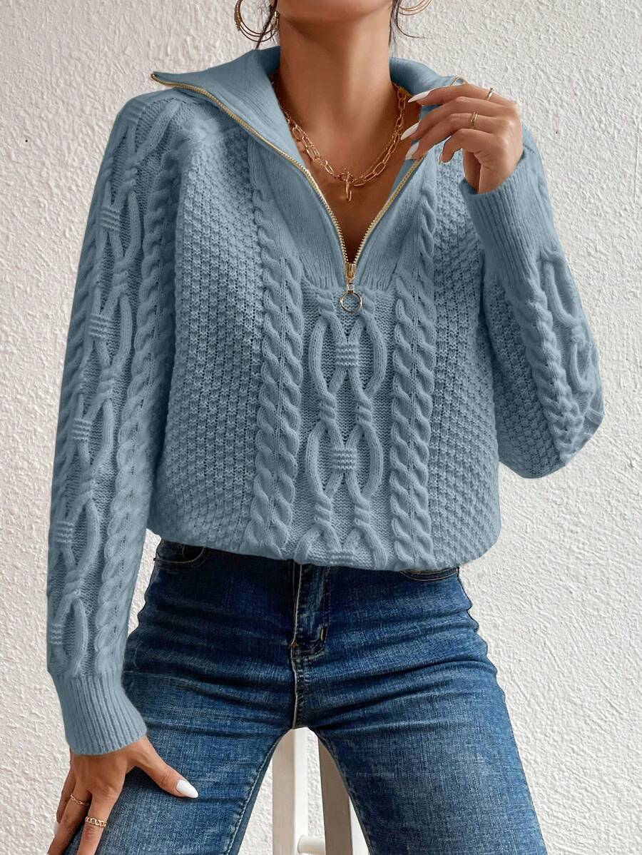 Women's Cable Knit Fold-Over Collar Half Zip Jumper