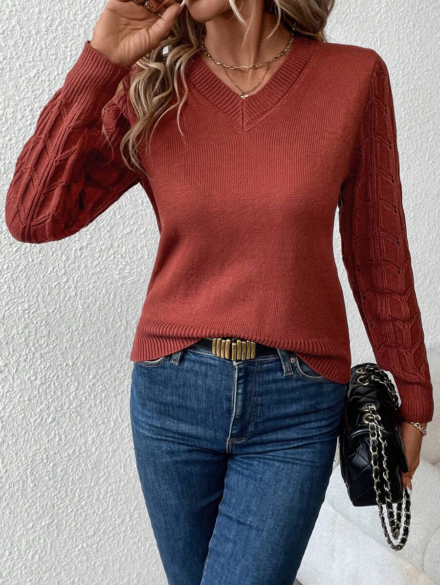 Women's Cable Knit Sleeve V-Neck Pullover