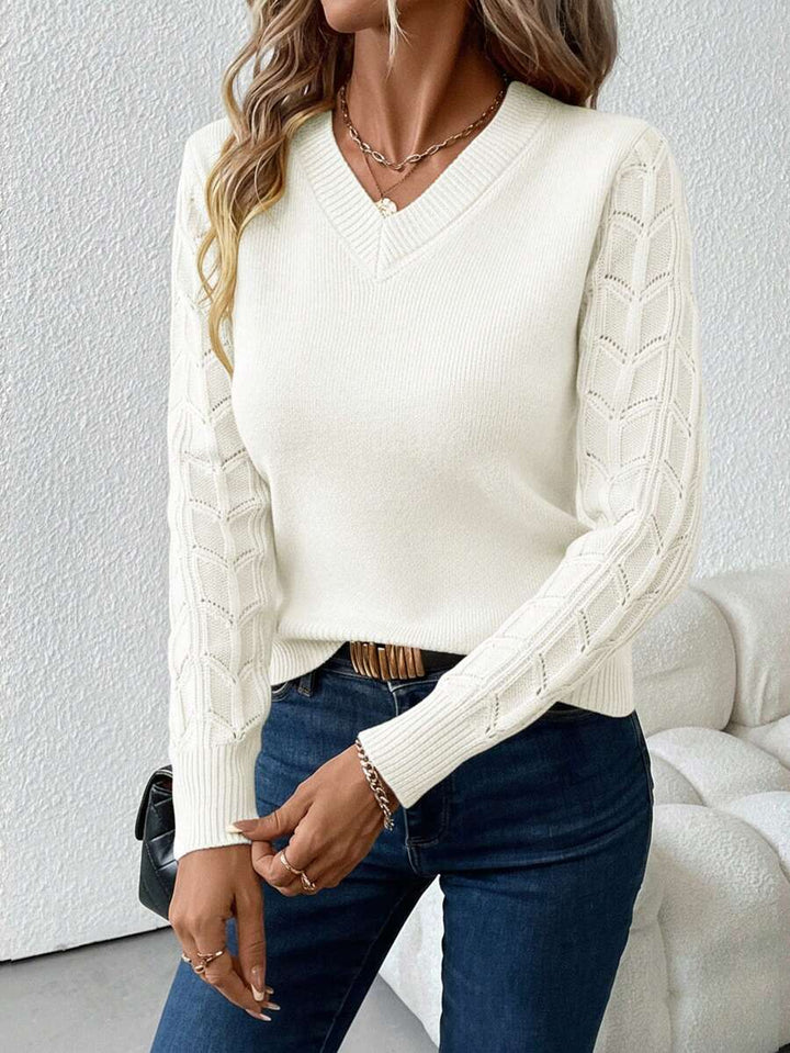 Women's Cable Knit Sleeve V-Neck Pullover